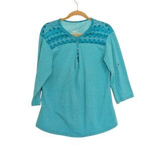 Kuhl Sz XL Women's Long Sleeve Roll Tab Henley Shirt Top Geometric Blue Green